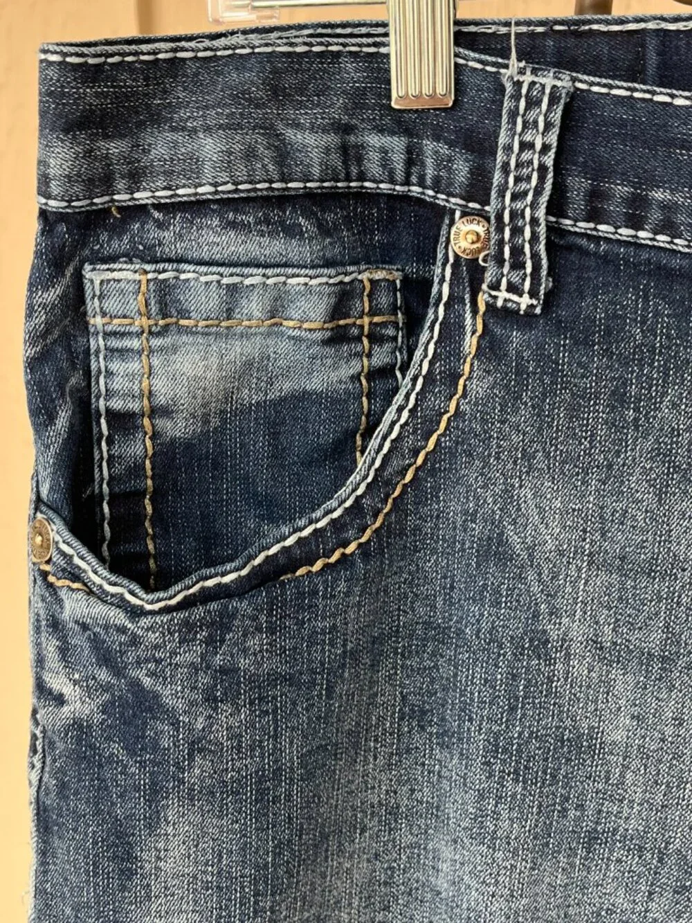 True Luck Mens Jeans Thick Stitch Denim Faded Wash Straight Leg Everyday 36x32